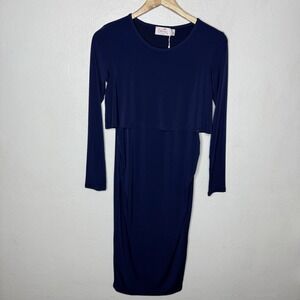 New Blume Maternity Stretch Midi Navy Blue Dress Women's US 6 Long Sleeve Shower